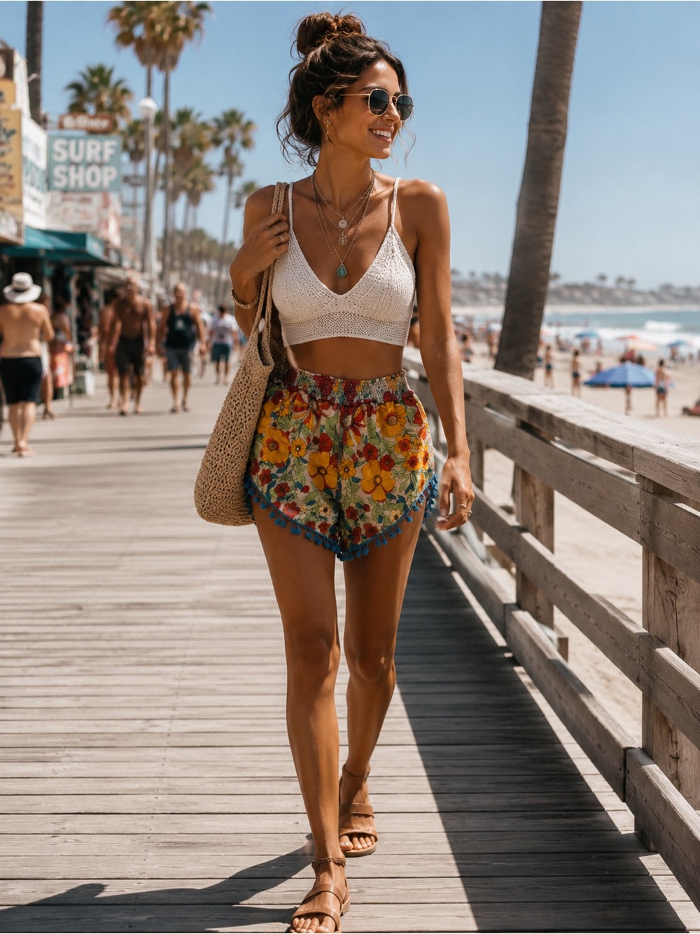 Natural Life Floral Boho Pom Pom Shorts Women's Medium Rayon